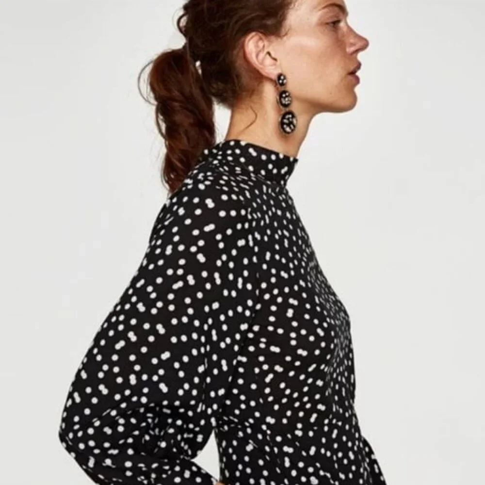 NWT ZARA High Collar Polka Dot Chiffon Long Sleeve Midi Dress Black\White XL - Picture 3 of 8
